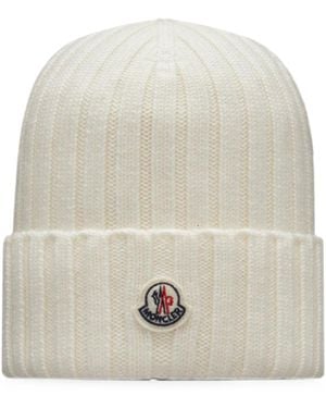 Moncler Ribbed Knit Logo Beanie - White