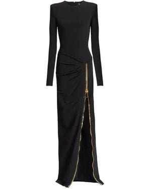 Balmain Long Sleeves Zipped Compact Jersey Long Dress - Black