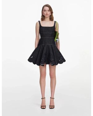 Self-Portrait Denim Bow Embroidered Mini Dress - Black