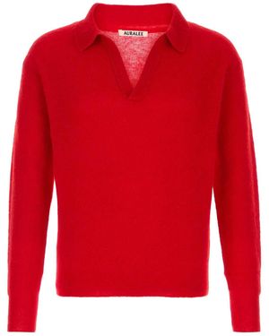 AURALEE Baby Suri Alpaca Sheer Knit Skipper Polo - Red