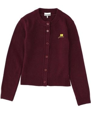 Ganni Cardigan With Logo - Purple