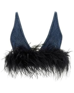 Miu Miu Denim Feather-Trim Crop Top - Black