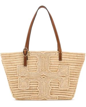 Tory Burch Raffia Ella Shopping Handbag With Golden Metal Hardware - Natural