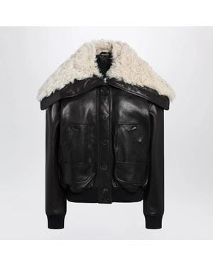 The Attico Leather Bomber Jacket With Shearling Collar - Black