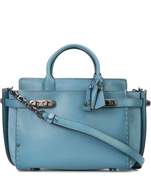 COACH Mixed Leather Double Swagger Satchel - Blue
