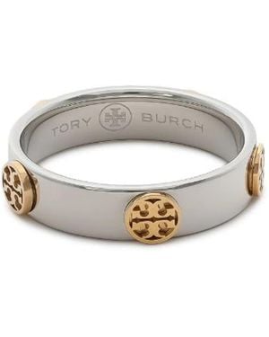 Tory Burch Tone Steel Engraved Logo Ring - Metallic