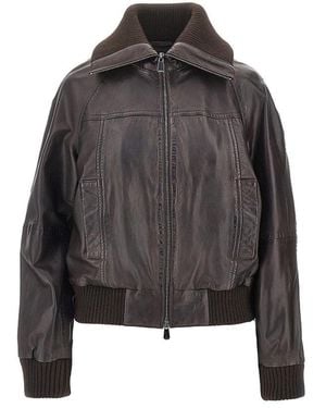 Pinko Washed Leather Bomber Jacket - Gray