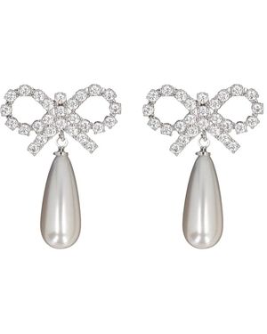 Self-Portrait Crystal Bow Pearl Earrings - White