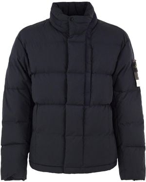 Stone Island Quilted Puffer Jacket With High Collar And Hood - Blue