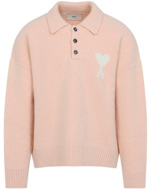 Ami Paris Wool Polo Sweater With Ami De Coeur Logo - Pink