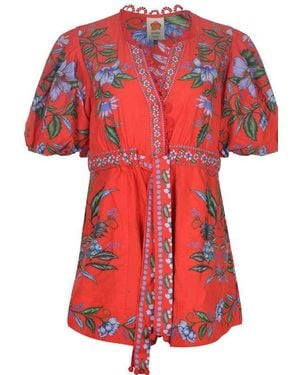 FARM Rio Floral Puff Sleeve Dress - Red