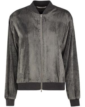 Peserico Stretch Corded Velvet Bomber Jacket With Silk Details - Black