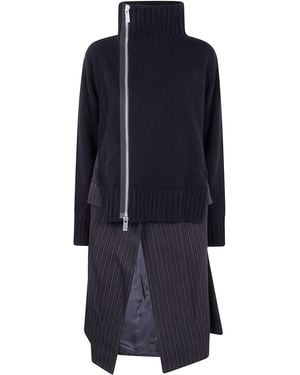Sacai Stripe Doeskin X Wool Knit Coat Dress - Blue