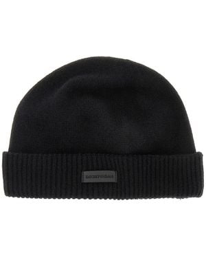 Emporio Armani Cashmere Beanie Hat With Leather Logo Patch - Black