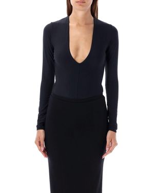 ÉTERNE Long Sleeve Deep V Body Suit - Blue