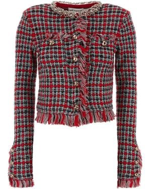Self-Portrait Self Portrait Check Frayed Knit Jacket - Red