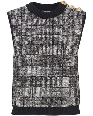 Balmain Tweed Crop Top With Buttons - Gray