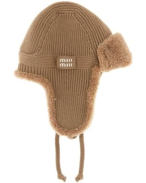 Miu Miu Wool & Cashmere Aviator Hat With Shearling Lining - Natural