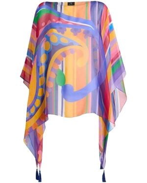 Etro Paisley Print Silk Poncho Top - Blue