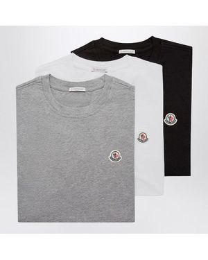 Moncler Set Of Three Cotton T-Shirts With Logo Patch - Gray