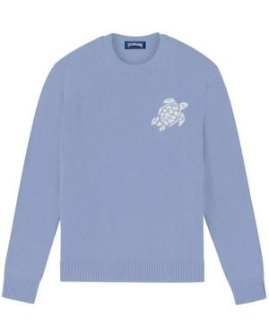 Vilebrequin Organic Cotton And Cashmere Crew Neck Jumper With Turtle Logo - Blue