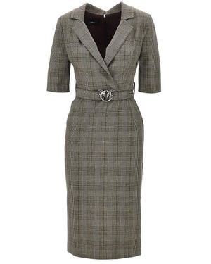 Pinko Wool-Blend Midi Dress With Check Motif - Grey