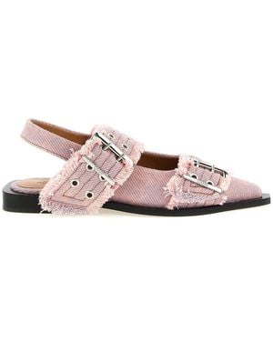 Ganni 'Feminine Buckle Fringed Denim' Slingback - Pink