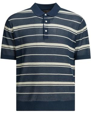 Beams Plus Cotton Cotton Nylon Spandex Striped Button-Down Polo Shirt - Blue