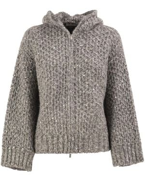 Peserico Alpaca Blend Knitted Hooded Cardigan With Sequins - Gray