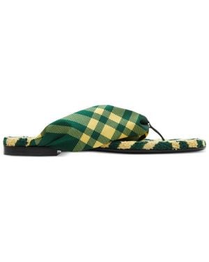Burberry Check Pattern Thong Strap Open Toe Branded Footbed Flat - Green