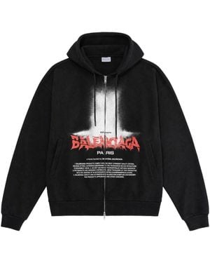 Balenciaga Cotton Hoodie With Zip And Print - Black