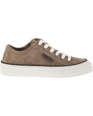 Brunello Cucinelli Suede Trainers With Shiny Tab - Brown