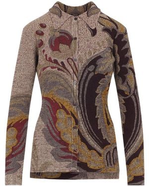 Etro Ribbed Wool Cardigan With Daffodil Motif - Brown