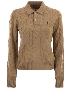 Polo Ralph Lauren Wool And Cashmere Polo Shirt With Cable Knit - Brown