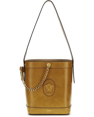 Versace Small Leather Pivot Bucket Bag - Metallic