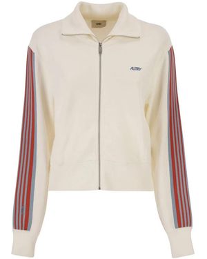 Autry Viscose Sweatshirt With Zip And Side Stripes - Natural
