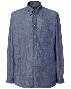 Fendi Comfort Fit Chambray Shirt With Ff Embroidery - Blue