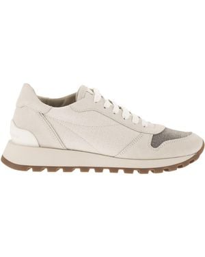 Brunello Cucinelli Leather And Fabric Trainers - White