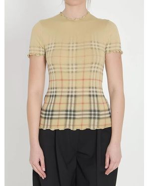 Burberry Stretch Cotton T-Shirt With Shaded Check - Natural