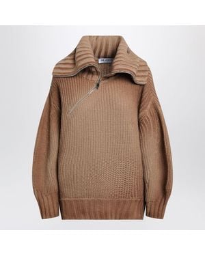 The Attico Wool And Cashmere Sweater With Slanted Zip - Brown