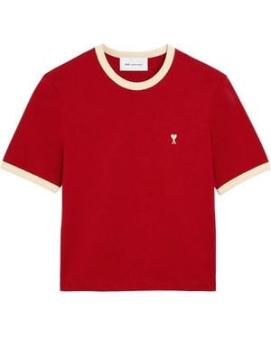 Ami Paris Contrasted Cotton T-Shirt With Ami De Coeur - Red