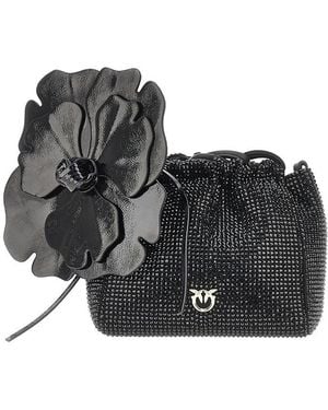 Pinko Full-Strass Bucket Bag With Flower - Black