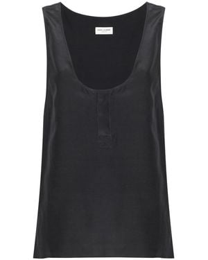 Saint Laurent Henley-Neck Silk Tank Top - Black