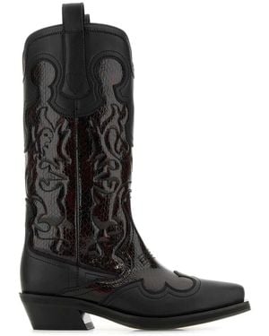 Ganni Mid Shaft Embroidered Western Boot Snake Bico - Black