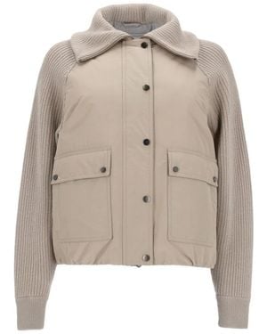 Brunello Cucinelli Ribbed-Knit Panelled Down Jacket Featuring Flap Pockets And Monile Zipper Detail - Natural