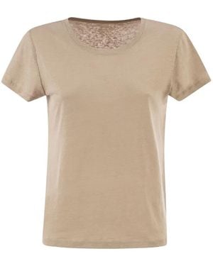 Majestic Stretch Linen T-Shirt With Round Neckline - Natural