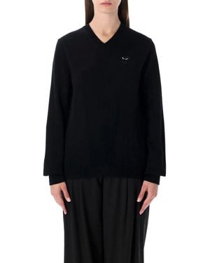 COMME DES GARÇONS PLAY Wool V-Neck Jumper With Heart And Crystals - Black