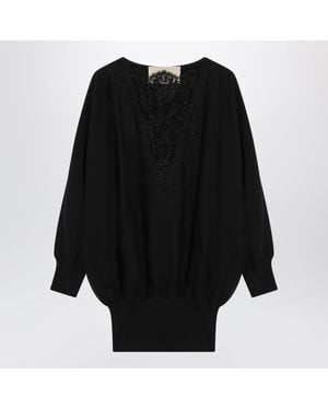 Valentino Sweatshirt-Style Mini Dress With Lace Inserts - Black