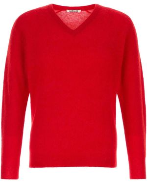 AURALEE Baby Suri Alpaca Sheer Knit V-Neck P/O - Red