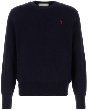 Ami Paris Quota -Crewneck Jumper With Contrasted De Coe - Blue